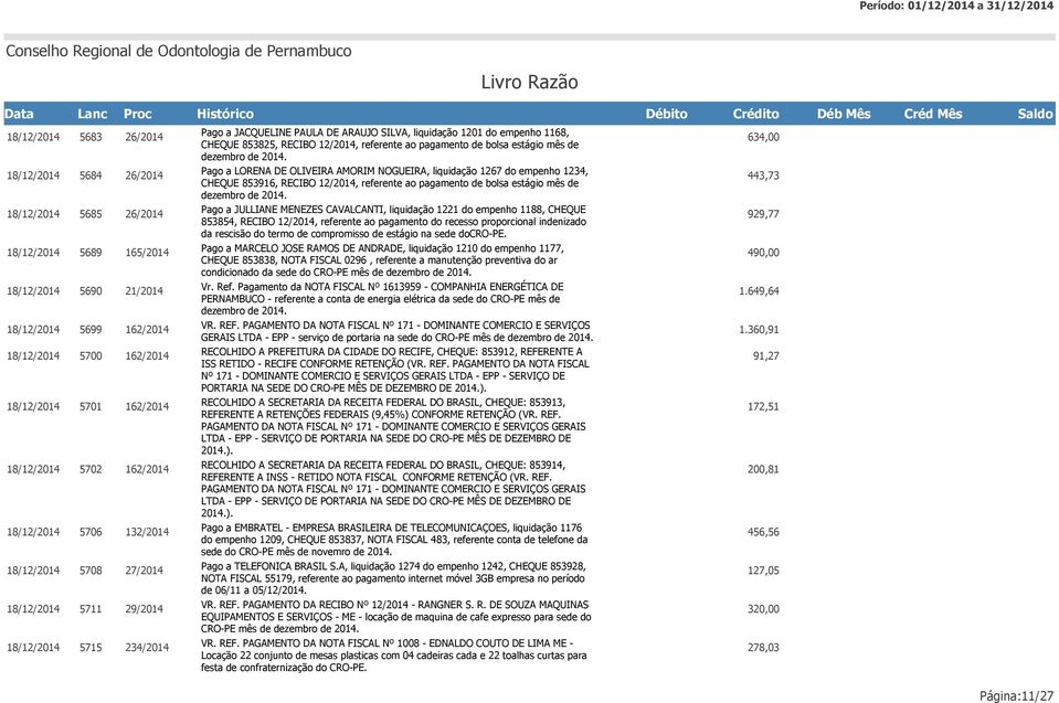 443,73 5685 26/2014 Pago a JULLIANE MENEZES CAVALCANTI, liquidação 1221 do empenho 1188, CHEQUE 853854, RECIBO 12/2014, referente ao pagamento do recesso proporcional indenizado da rescisão do termo