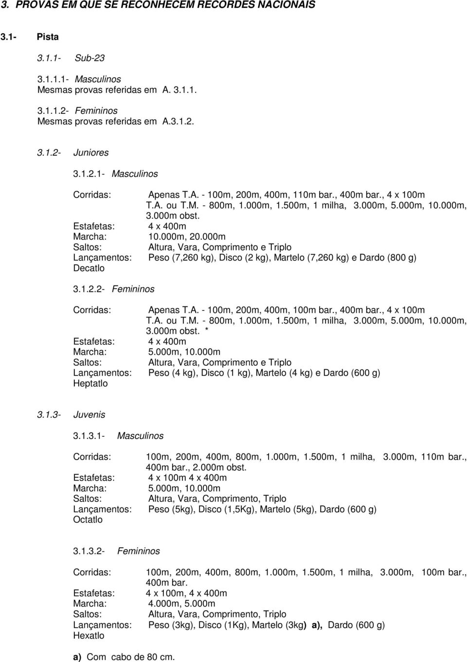 Estafetas: 4 x 400m Marcha: 10.000m, 20.000m Saltos: Altura, Vara, Comprimento e Triplo Lançamentos: Peso (7,260 kg), Disco (2 kg), Martelo (7,260 kg) e Dardo (800 g) Decatlo 3.1.2.2- Femininos Corridas: Apenas T.