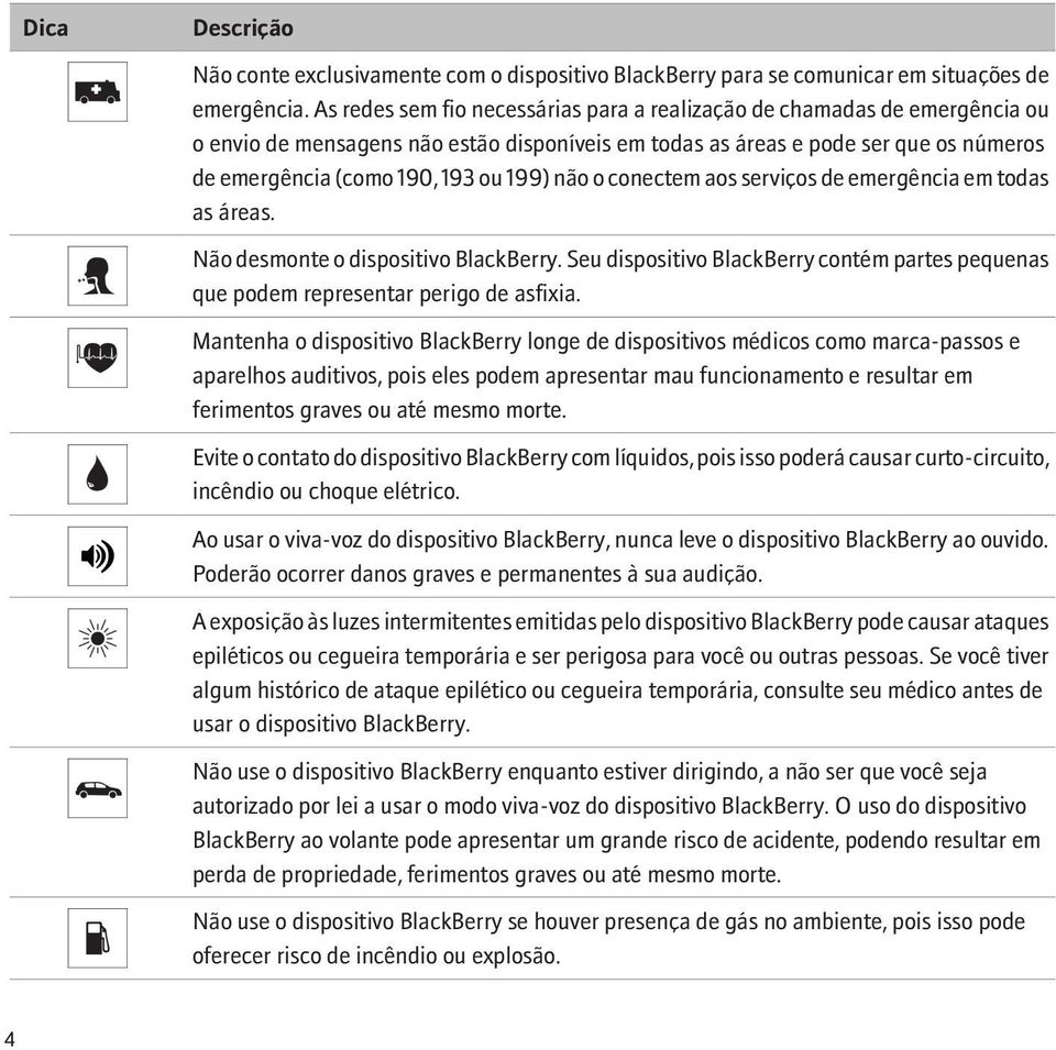 não o conectem aos serviços de emergência em todas as áreas. Não desmonte o dispositivo BlackBerry. Seu dispositivo BlackBerry contém partes pequenas que podem representar perigo de asfixia.