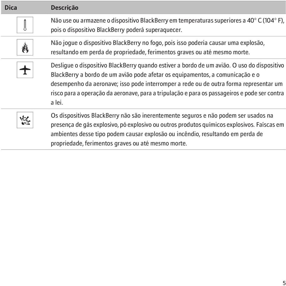 Desligue o dispositivo BlackBerry quando estiver a bordo de um avião.