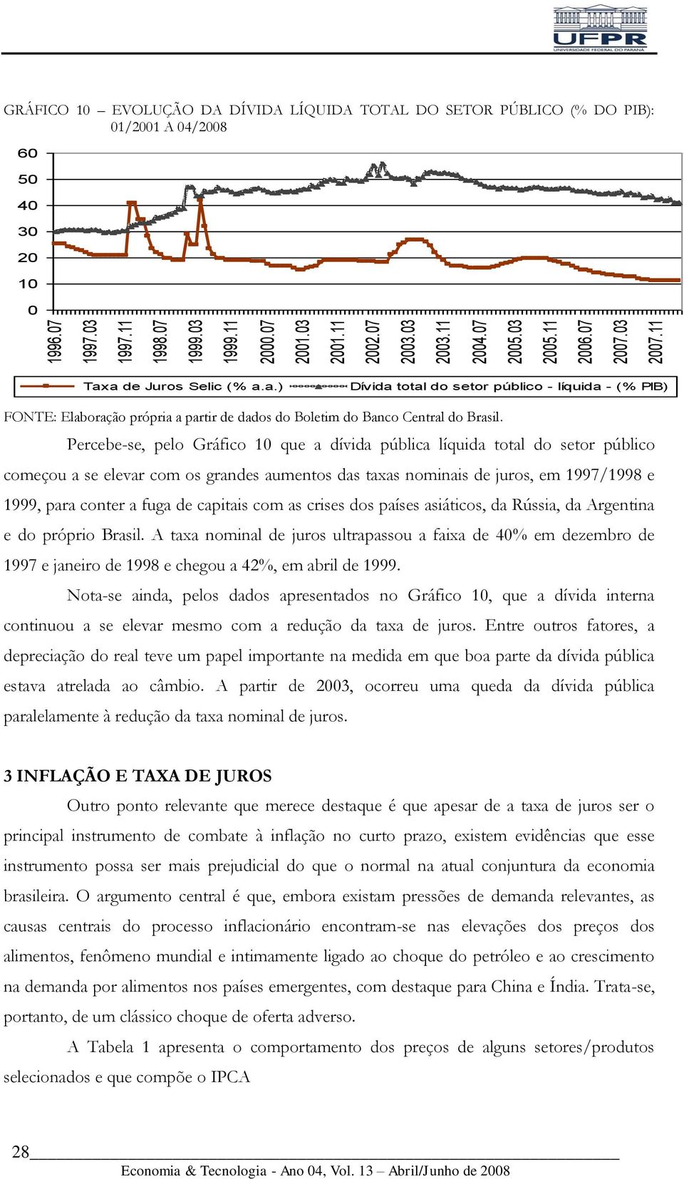 a de Juros Selic (% a.a.) Dívida total do setor público - líquida - (% PIB) FONTE: Elaboração própria a partir de dados do Boletim do Banco Central do Brasil.