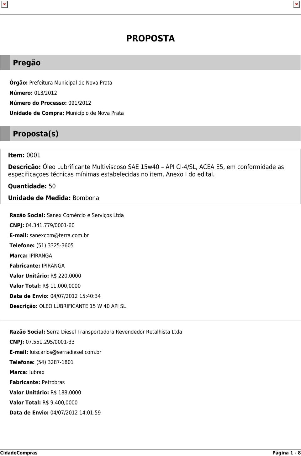 Quantidade: 50 Unidade de Medida: Bombona Marca: IPIRANGA Fabricante: IPIRANGA Valor Unitário: R$ 220,0000 Valor Total: R$ 11.