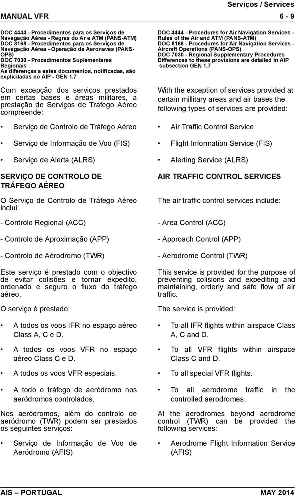 7 Com excepção dos serviços prestados em certas bases e áreas militares, a prestação de Serviços de Tráfego Aéreo compreende: 6-9 DOC 4444 - Procedures for Air Navigation Services - Rules of the Air