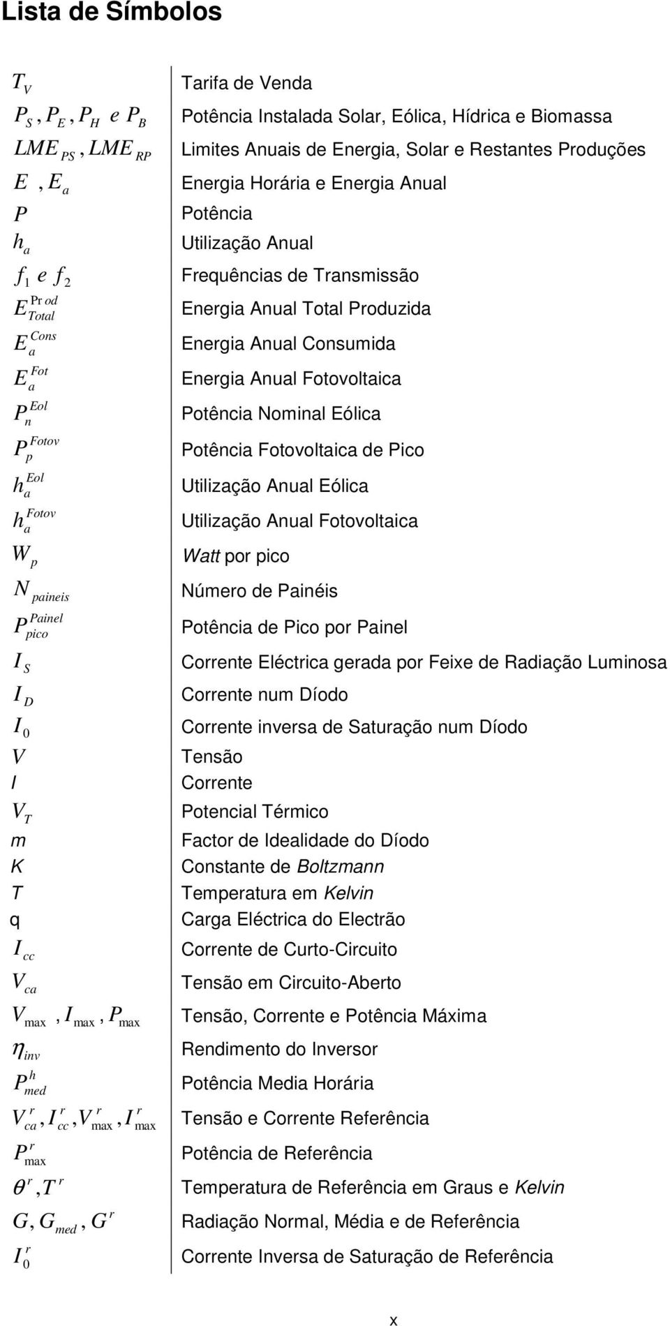 Potência Nominal Eólica Fotov P p Potência Fotovoltaica de Pico Eol h a Utilização Anual Eólica Fotov h a Utilização Anual Fotovoltaica W p Watt po pico N paineis Númeo de Painéis Painel P pico