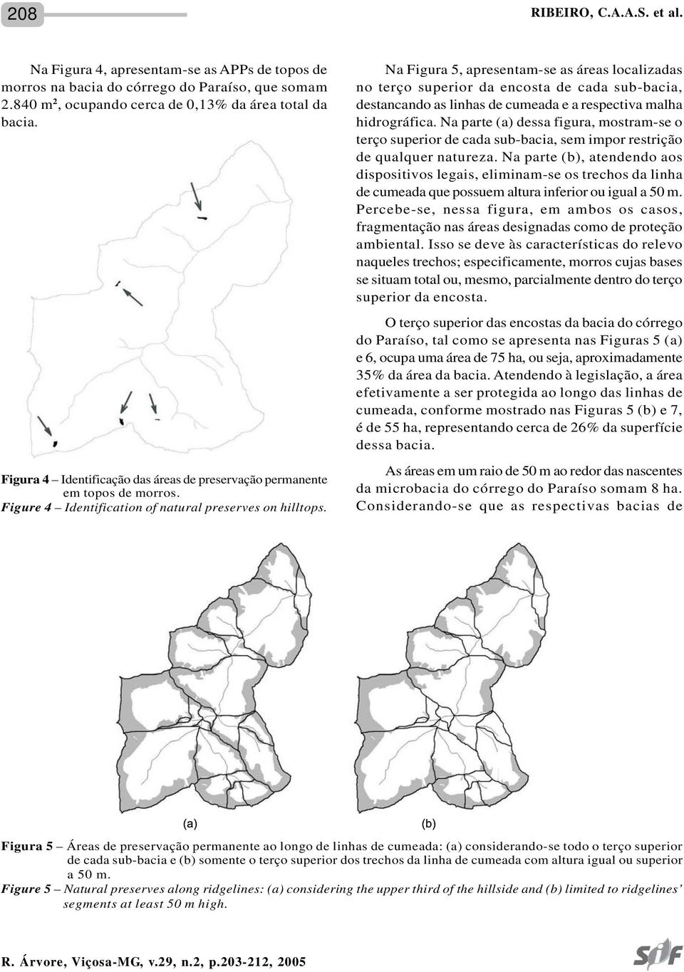 Na Figura 5, apresentam-se as áreas localizadas no terço superior da encosta de cada sub-bacia, destancando as linhas de cumeada e a respectiva malha hidrográfica.