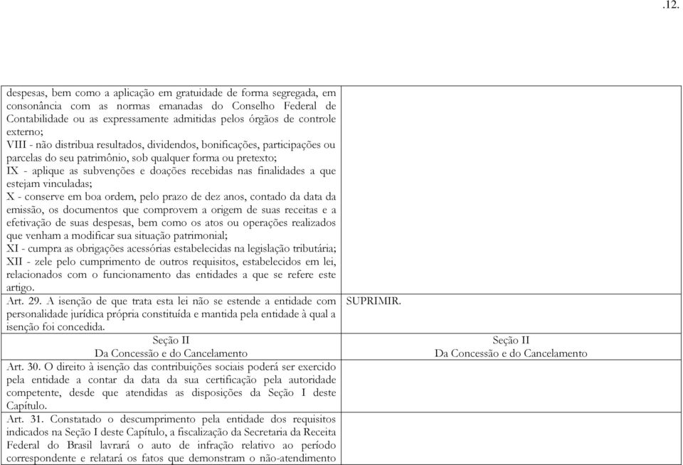 finalidades a que estejam vinculadas; X - conserve em boa ordem, pelo prazo de dez anos, contado da data da emissão, os documentos que comprovem a origem de suas receitas e a efetivação de suas