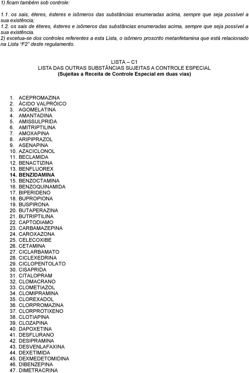 2) excetua-se dos controles referentes a esta Lista, o isômero proscrito metanfetamina que está relacionado na Lista F2 deste regulamento.