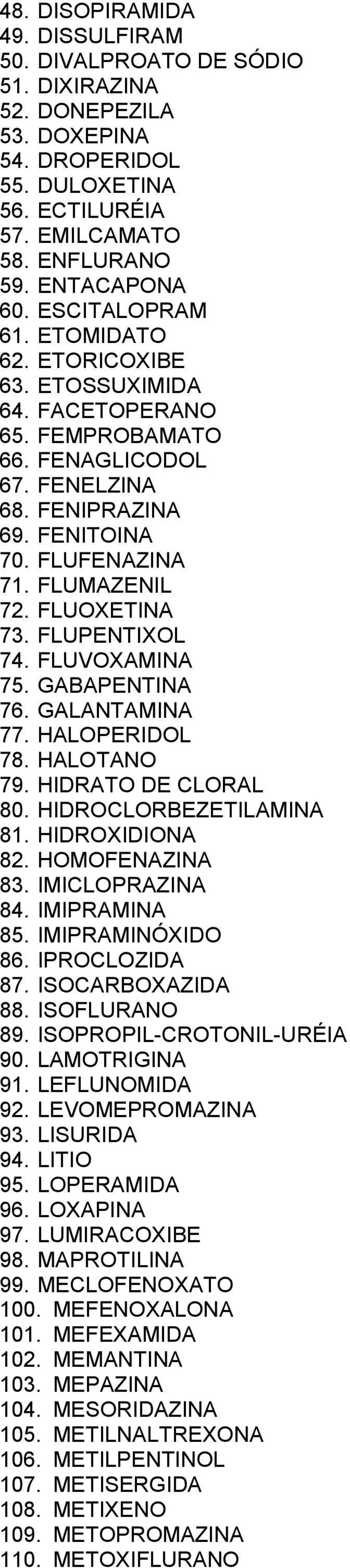 FLUOXETINA 73. FLUPENTIXOL 74. FLUVOXAMINA 75. GABAPENTINA 76. GALANTAMINA 77. HALOPERIDOL 78. HALOTANO 79. HIDRATO DE CLORAL 80. HIDROCLORBEZETILAMINA 81. HIDROXIDIONA 82. HOMOFENAZINA 83.