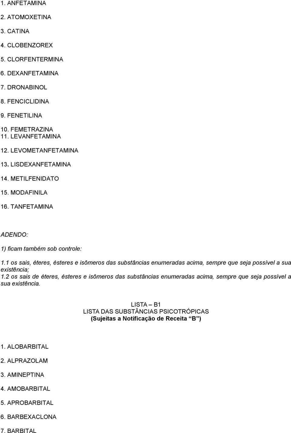 1 os sais, éteres, ésteres e isômeros das substâncias enumeradas acima, sempre que seja possível a sua existência; 1.