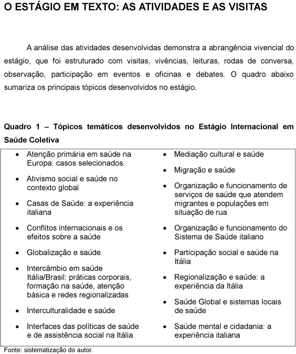 Quadro 1 Tópicos temáticos desenvolvidos no Estágio Internacional em Saúde Coletiva Atenção primária em saúde na Europa: casos selecionados.