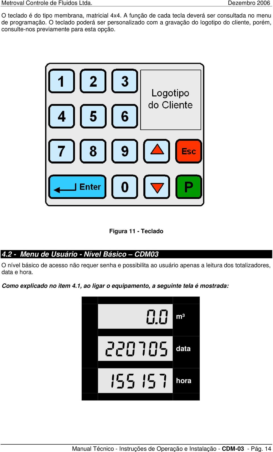 2 - Menu de Usuário - Nível Básico CDM03 O nível básico de acesso não requer senha e possibilita ao usuário apenas a leitura dos totalizadores, data