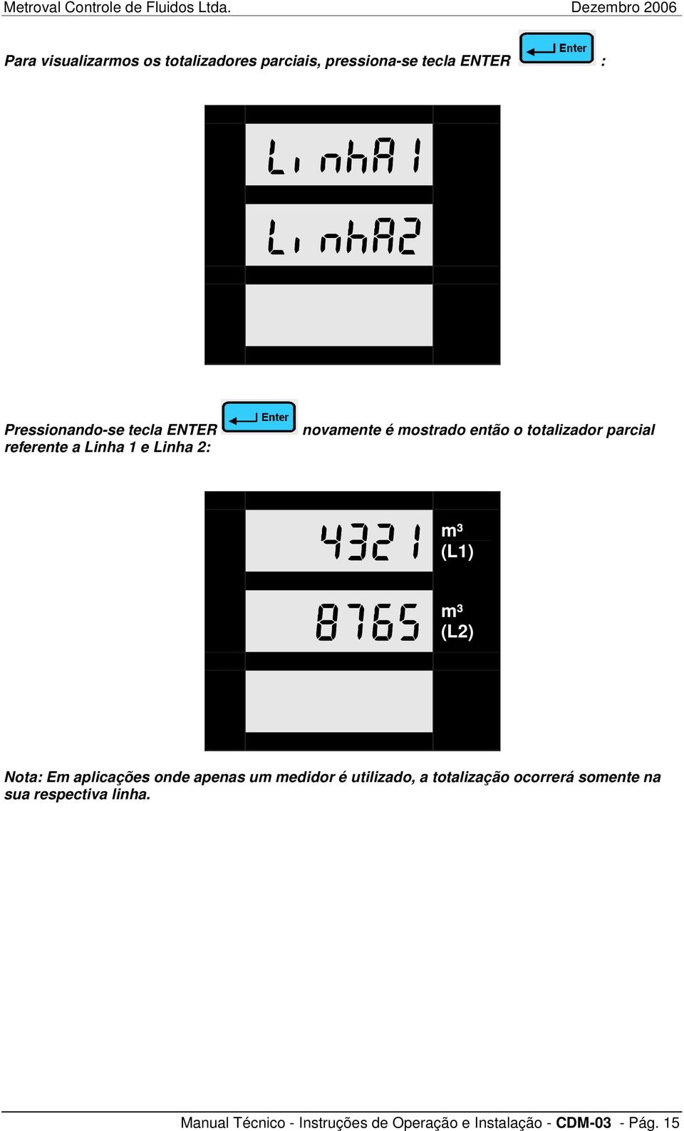 parcial 4321 m³ (L1) 8765 m³ (L2) Nota: Em aplicações onde apenas um medidor é utilizado, a