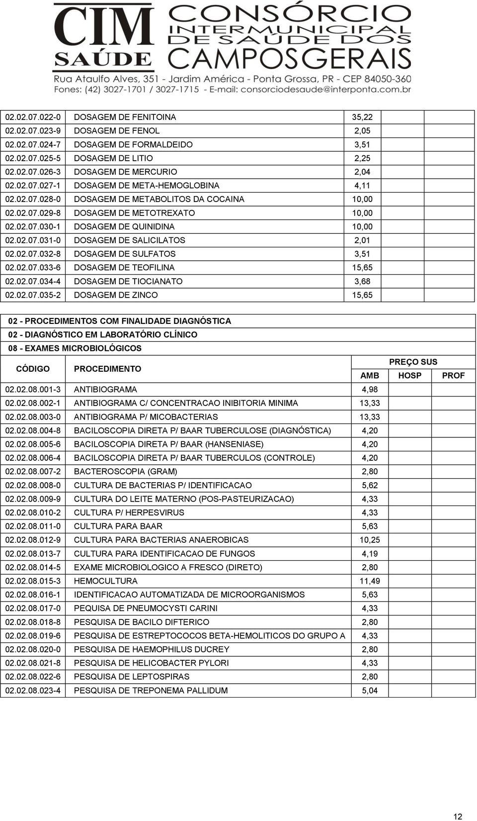 02.07.032-8 DOSAGEM DE SULFATOS 3,51 02.02.07.033-6 DOSAGEM DE TEOFILINA 15,65 02.02.07.034-4 DOSAGEM DE TIOCIANATO 3,68 02.02.07.035-2 DOSAGEM DE ZINCO 15,65 02 - DIAGNÓSTICO EM LABORATÓRIO CLÍNICO 08 - EXAMES MICROBIOLÓGICOS 02.