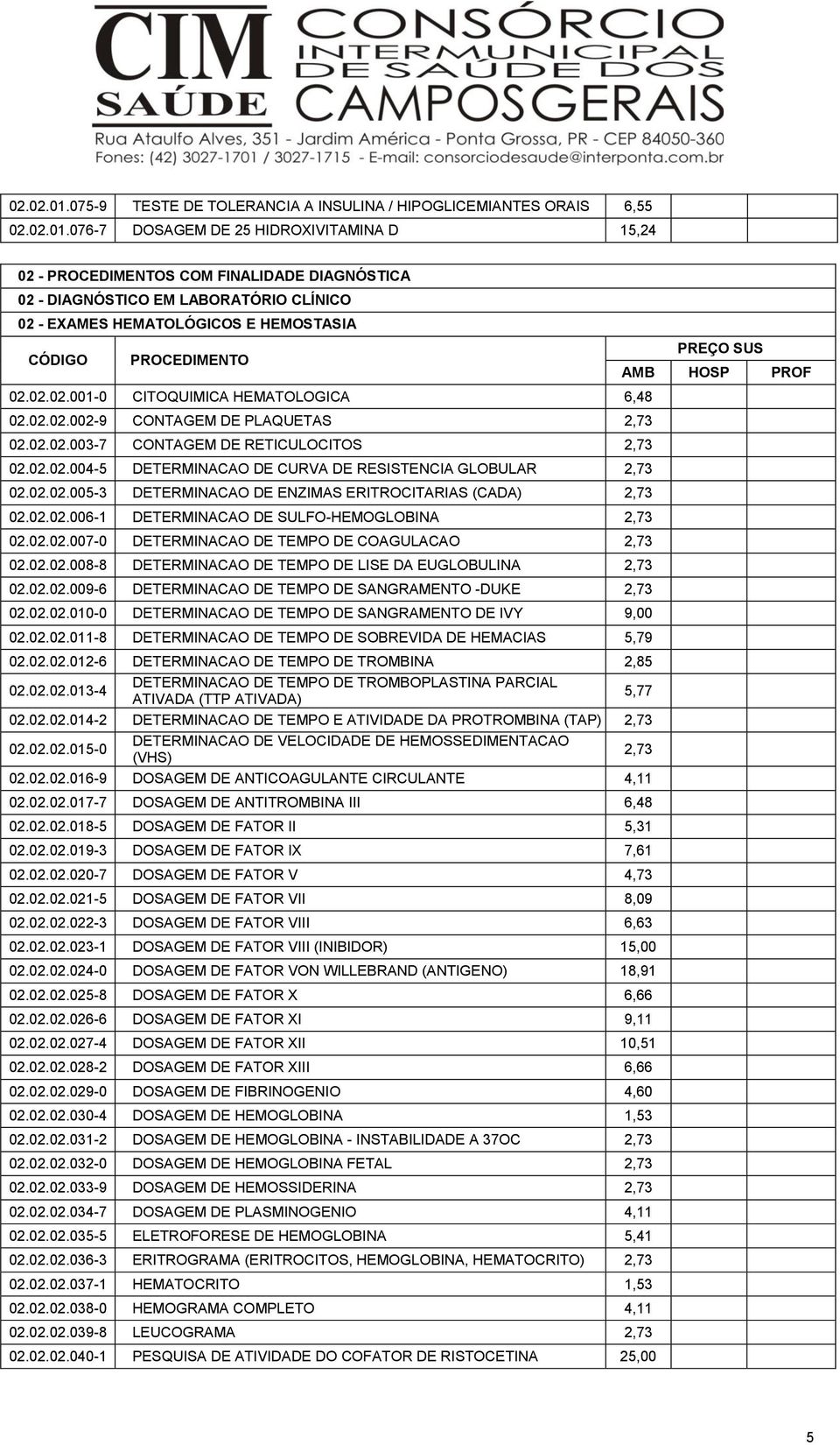 02.02.005-3 DETERMINACAO DE ENZIMAS ERITROCITARIAS (CADA) 2,73 02.02.02.006-1 DETERMINACAO DE SULFO-HEMOGLOBINA 2,73 02.02.02.007-0 DETERMINACAO DE TEMPO DE COAGULACAO 2,73 02.02.02.008-8 DETERMINACAO DE TEMPO DE LISE DA EUGLOBULINA 2,73 02.