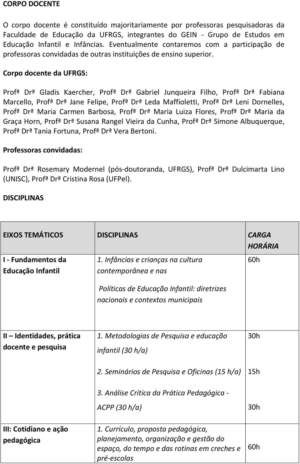 Corpo docente da UFRGS: Profª Drª Gladis Kaercher, Profª Drª Gabriel Junqueira Filho, Profª Drª Fabiana Marcello, Profª Drª Jane Felipe, Profª Drª Leda Maffioletti, Profª Drª Leni Dornelles, Profª