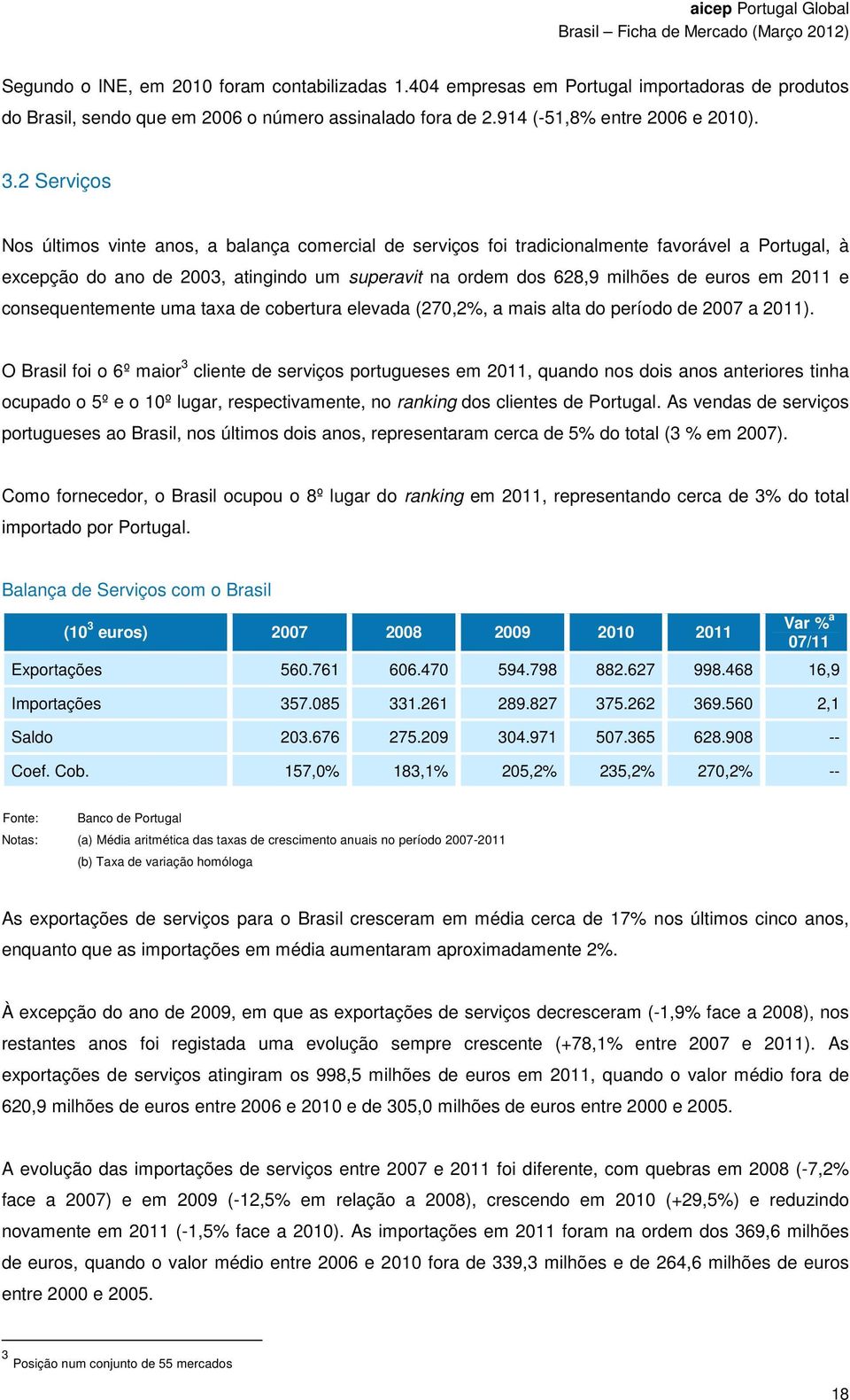 2011 e consequentemente uma taxa de cobertura elevada (270,2%, a mais alta do período de 2007 a 2011).