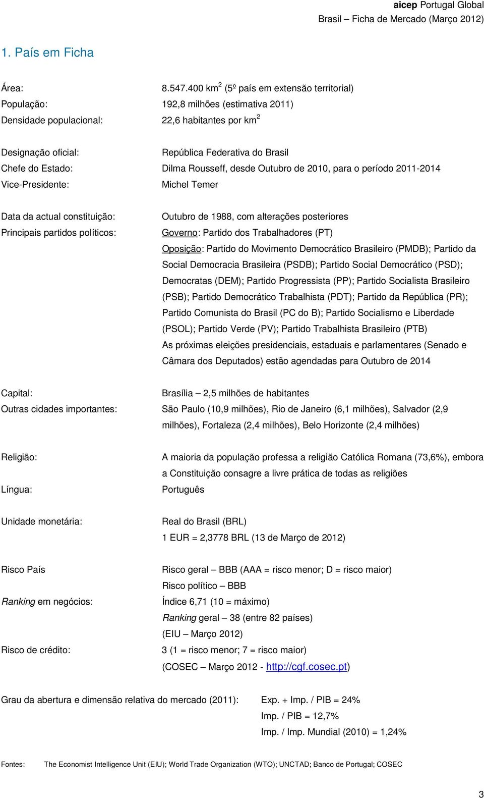 Estado: Dilma Rousseff, desde Outubro de 2010, para o período 2011-2014 Vice-Presidente: Michel Temer Data da actual constituição: Principais partidos políticos: Outubro de 1988, com alterações