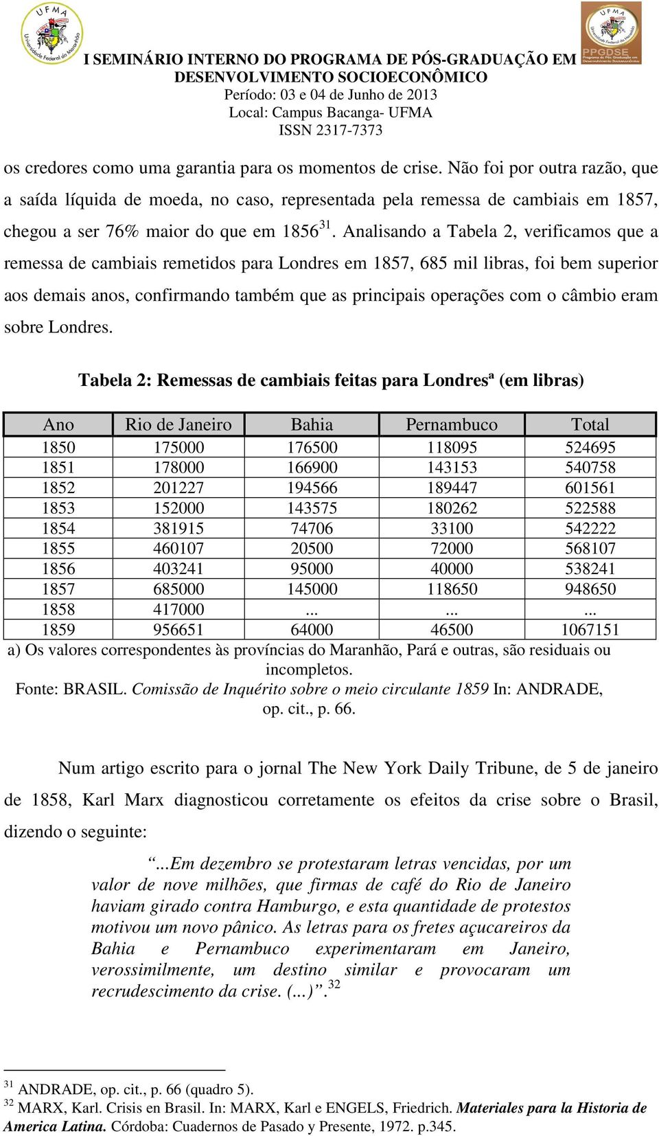 Analisando a Tabela 2, verificamos que a remessa de cambiais remetidos para Londres em 1857, 685 mil libras, foi bem superior aos demais anos, confirmando também que as principais operações com o