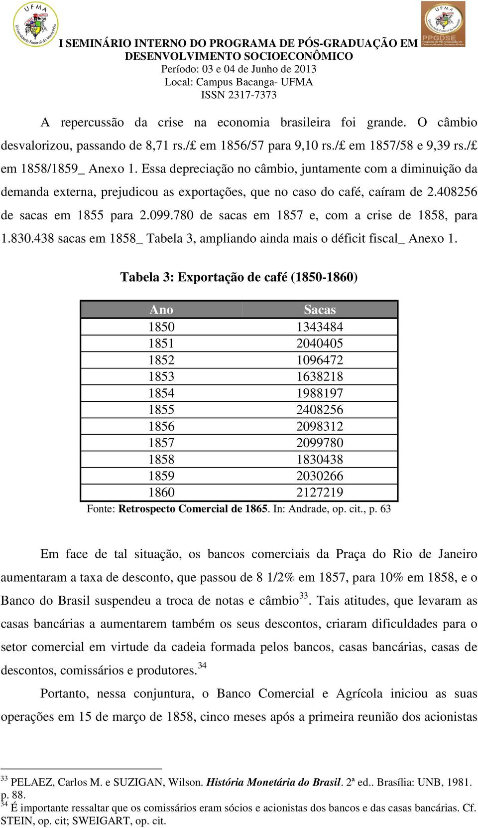 780 de sacas em 1857 e, com a crise de 1858, para 1.830.438 sacas em 1858_ Tabela 3, ampliando ainda mais o déficit fiscal_ Anexo 1.