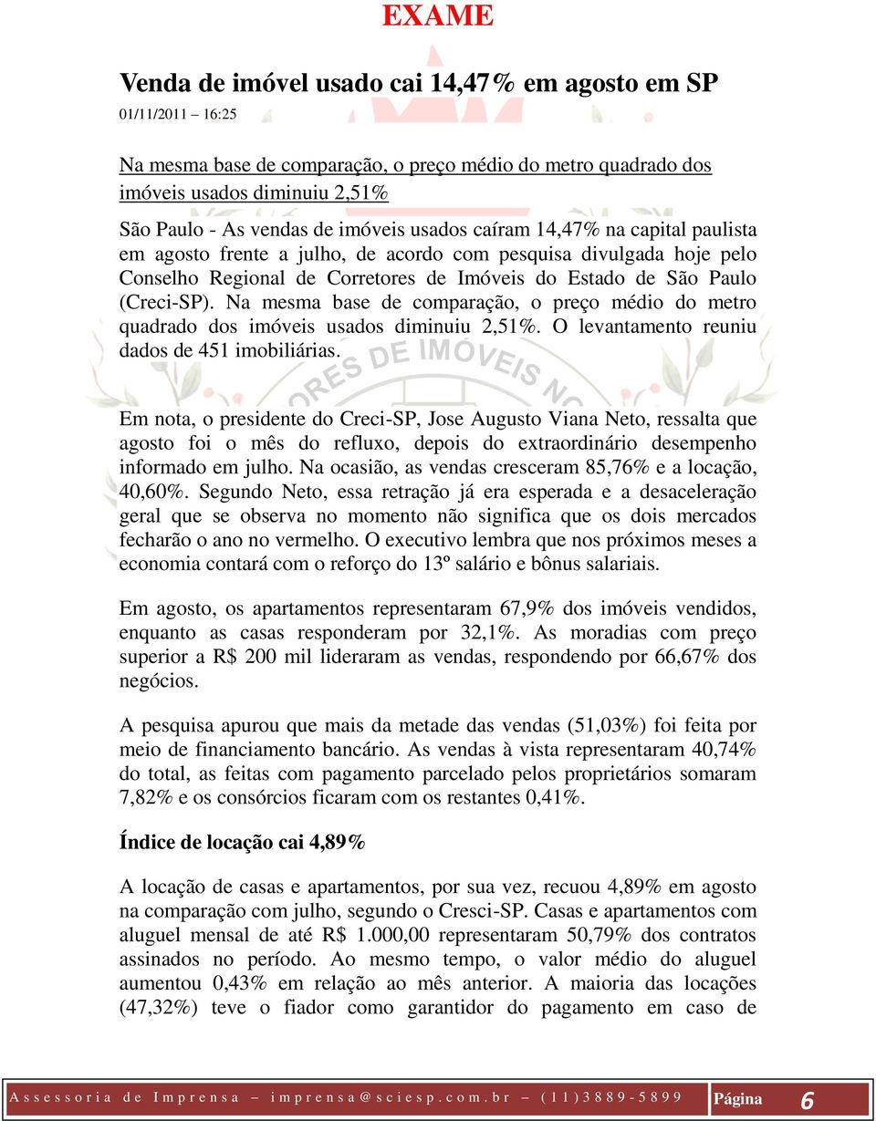 Na mesma base de comparação, o preço médio do metro quadrado dos imóveis usados diminuiu 2,51%. O levantamento reuniu dados de 451 imobiliárias.