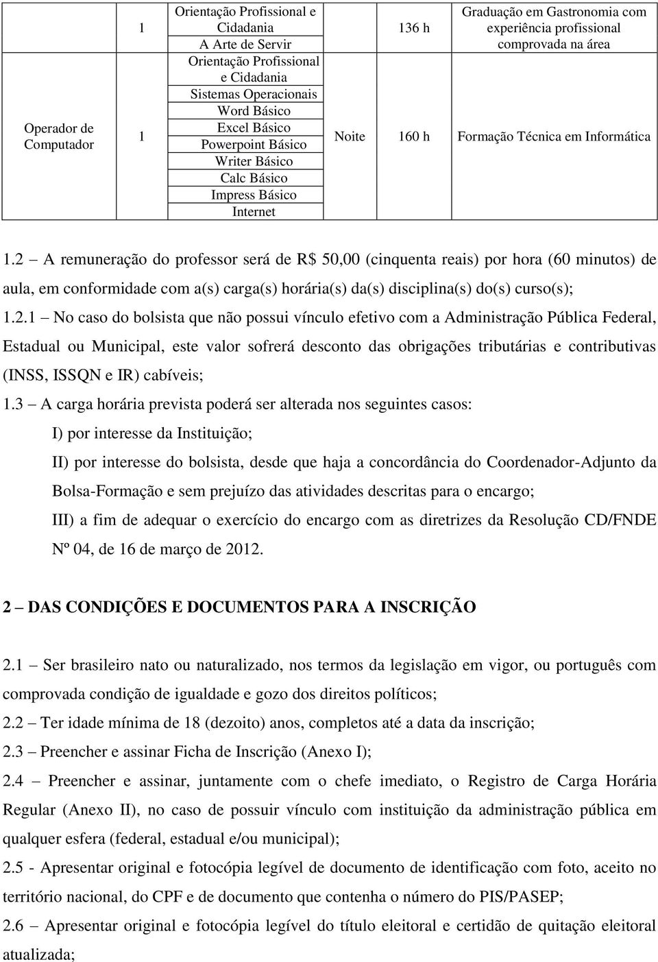 2 A remuneração do professor será de R$ 50,00 (cinquenta reais) por hora (60 minutos) de aula, em conformidade com a(s) carga(s) horária(s) da(s) disciplina(s) do(s) curso(s);.2. No caso do bolsista