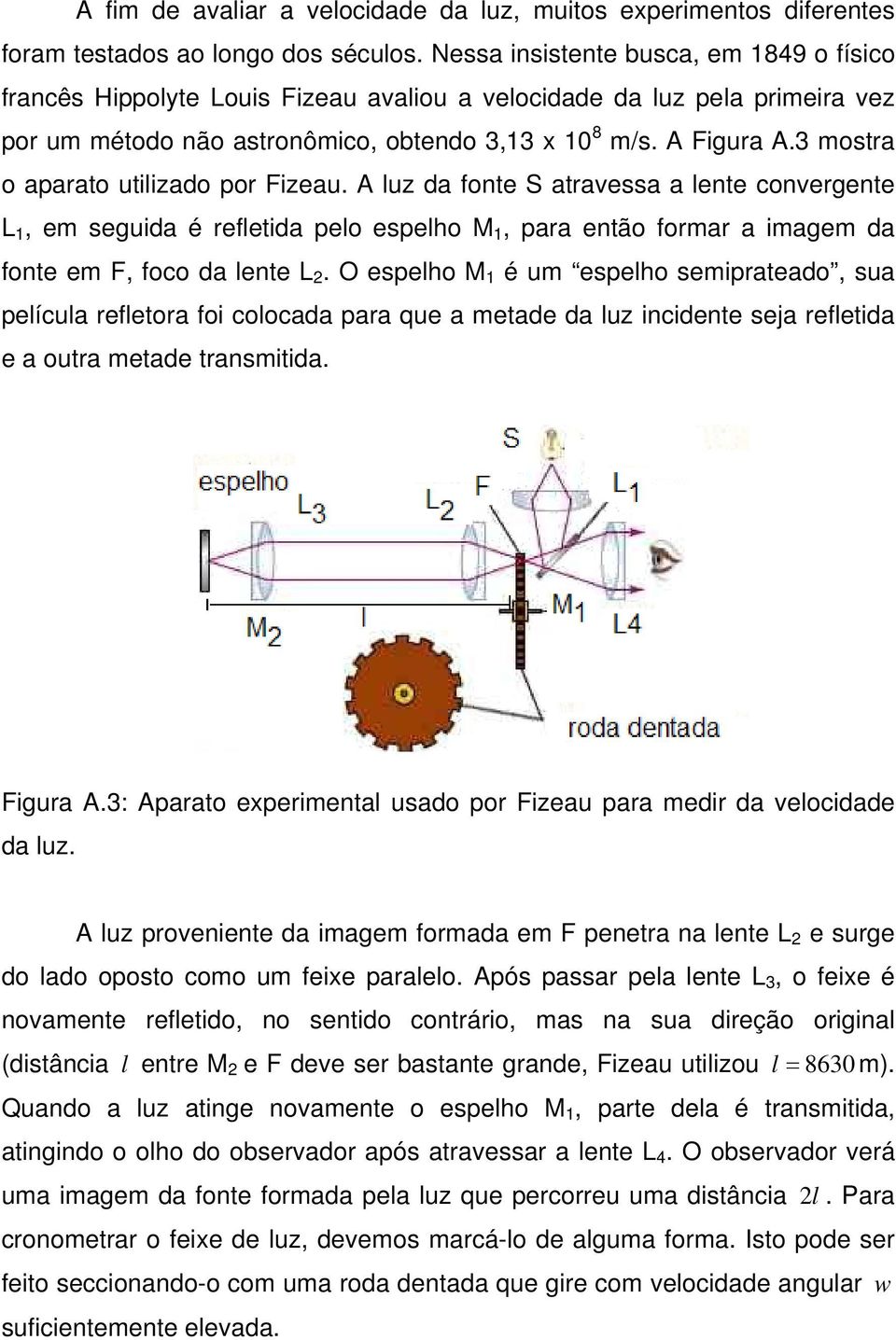 3 mostra o aparato utilizado por Fizeau. A luz da fonte S atravessa a lente convergente L, em seguida é refletida pelo espelho M, para então formar a imagem da fonte em F, foco da lente L.