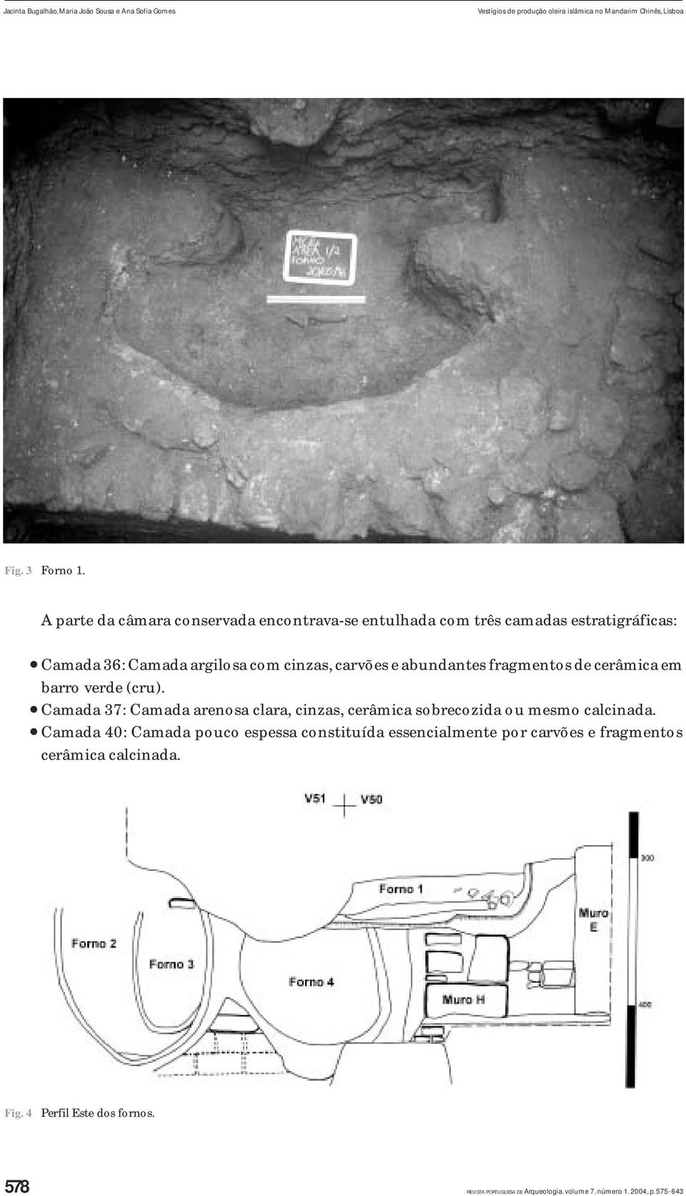 fragmentos de cerâmica em barro verde (cru). Camada 37: Camada arenosa clara, cinzas, cerâmica sobrecozida ou mesmo calcinada.