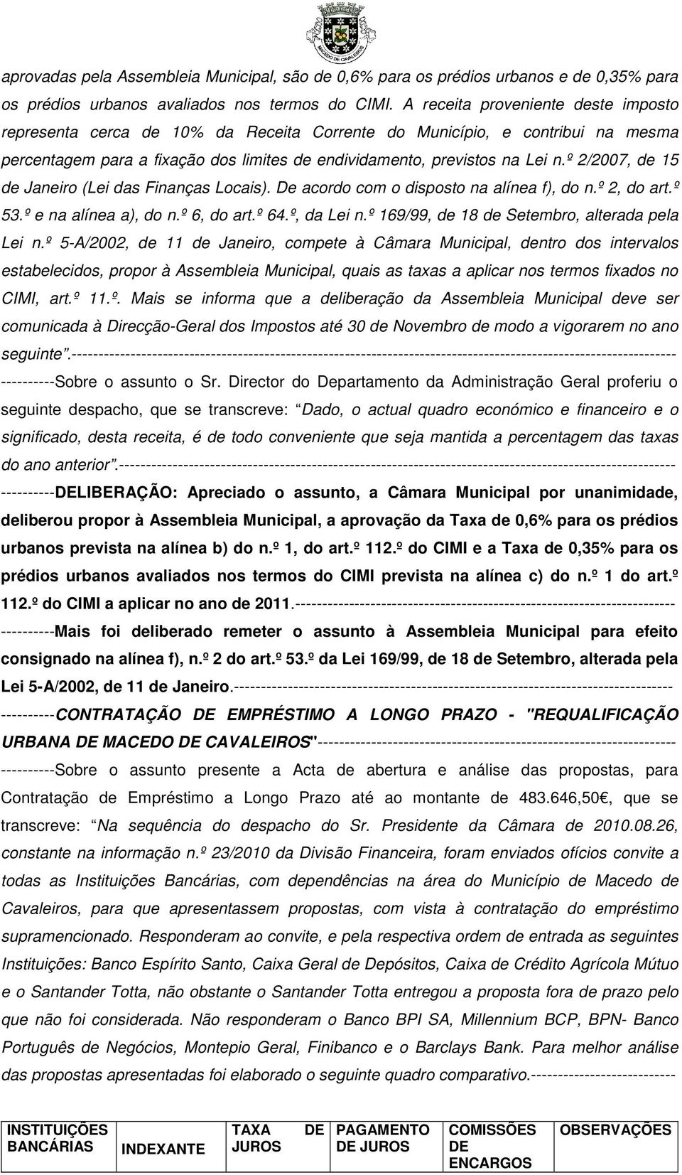 º 2/2007, de 15 de Janeiro (Lei das Finanças Locais). De acordo com o disposto na alínea f), do n.º 2, do art.º 53.º e na alínea a), do n.º 6, do art.º 64.º, da Lei n.