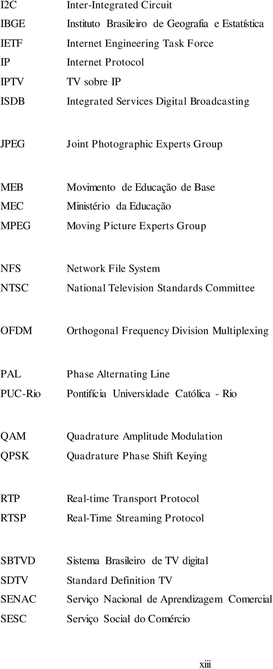 Standards Committee OFDM Orthogonal Frequency Division Multiplexing PAL PUC-Rio Phase Alternating Line Pontifícia Universidade Católica - Rio QAM QPSK Quadrature Amplitude Modulation Quadrature Phase