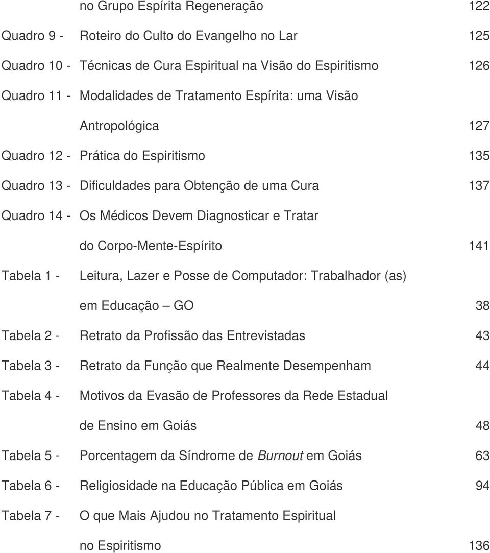 Corpo-Mente-Espírito 141 Tabela 1 - Leitura, Lazer e Posse de Computador: Trabalhador (as) em Educação GO 38 Tabela 2 - Retrato da Profissão das Entrevistadas 43 Tabela 3 - Retrato da Função que