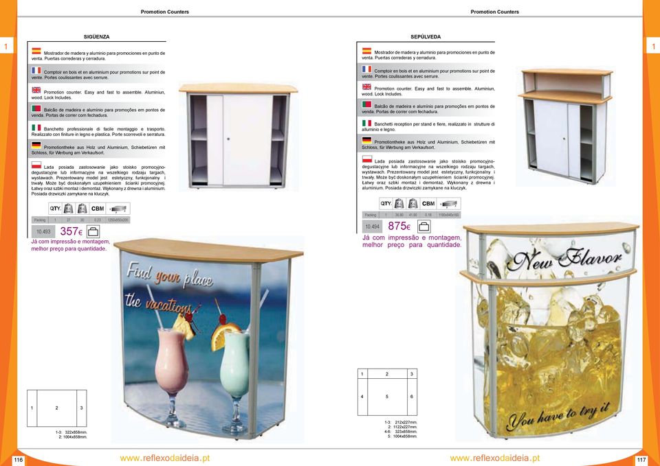 Portes coulissantes avec serrure. Comptoir en bois et en aluminium pour promotions sur point de vente. Portes coulissantes avec serrure. Promotion counter. Easy and fast to assemble. Aluminiun, wood.