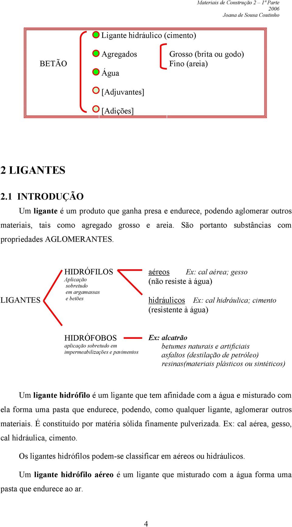 LIGANTES HIDRÓFILOS Aplicação sobretudo em argamassas e betões aéreos Ex: cal aérea; gesso (não resiste à água) hidráulicos Ex: cal hidráulica; cimento (resistente à água) HIDRÓFOBOS aplicação