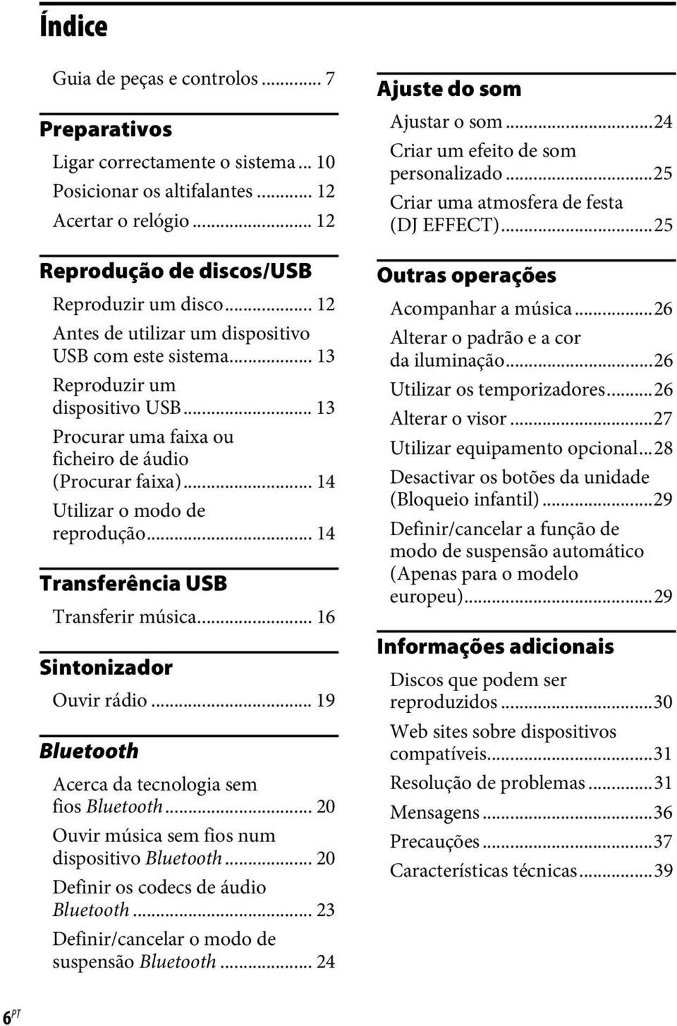 .. 14 Transferência USB Transferir música... 16 Sintonizador Ouvir rádio... 19 Bluetooth Acerca da tecnologia sem fios Bluetooth... 20 Ouvir música sem fios num dispositivo Bluetooth.