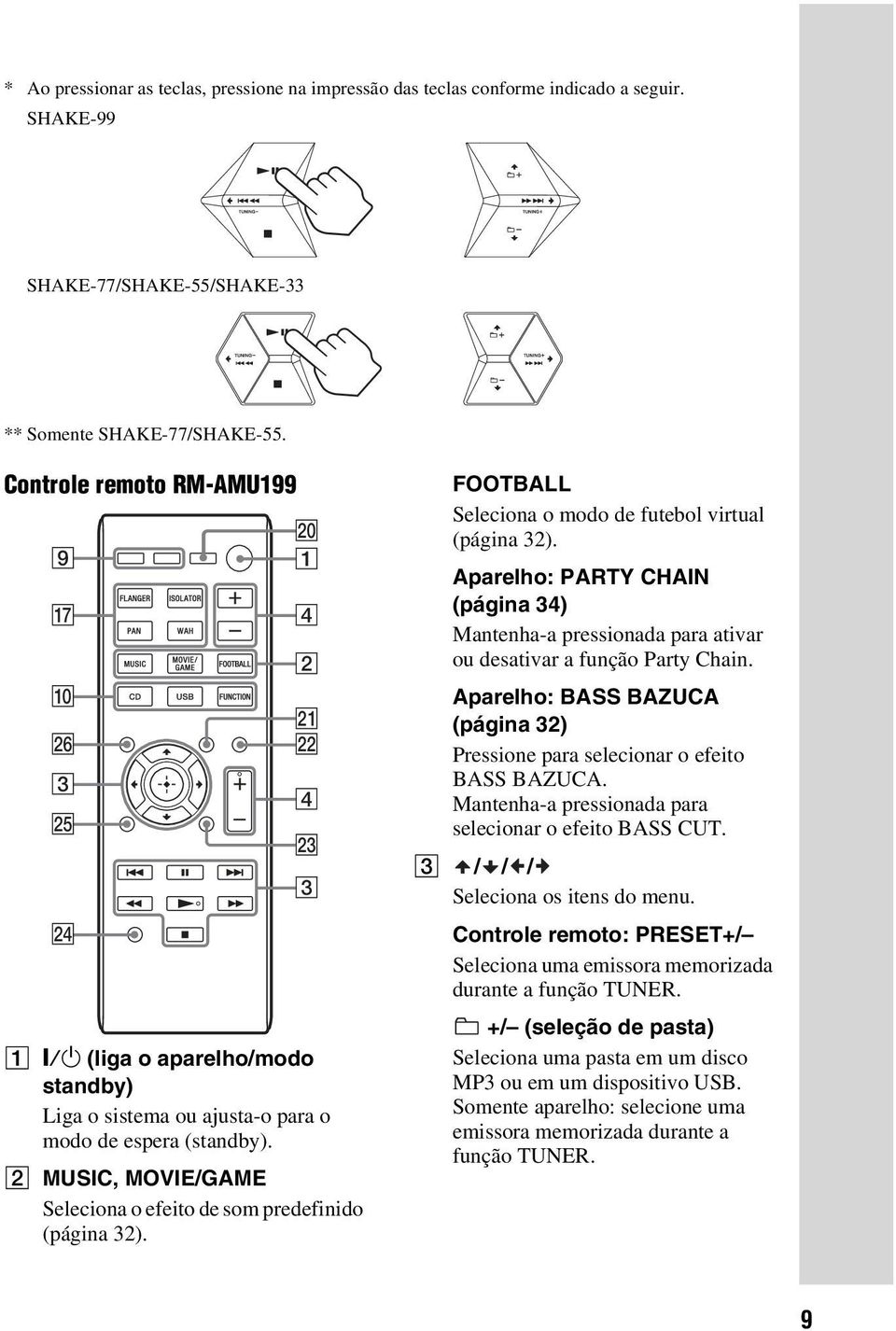 B MUSIC, MOVIE/GAME Seleciona o efeito de som predefinido (página 32). FOOTBALL Seleciona o modo de futebol virtual (página 32).