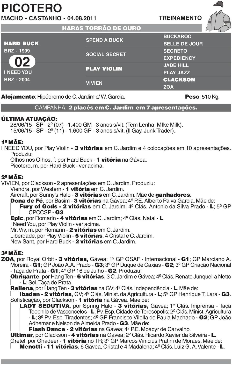 400 GM - 3 anos s/vit. (Tem Lenha, MIke Milk). 15/06/15 - SP - 2º (11) - 1.600 GP - 3 anos s/vit. (Il Gay, Junk Trader). I NEED YOU, por Play Violin - 3 vitórias em C.