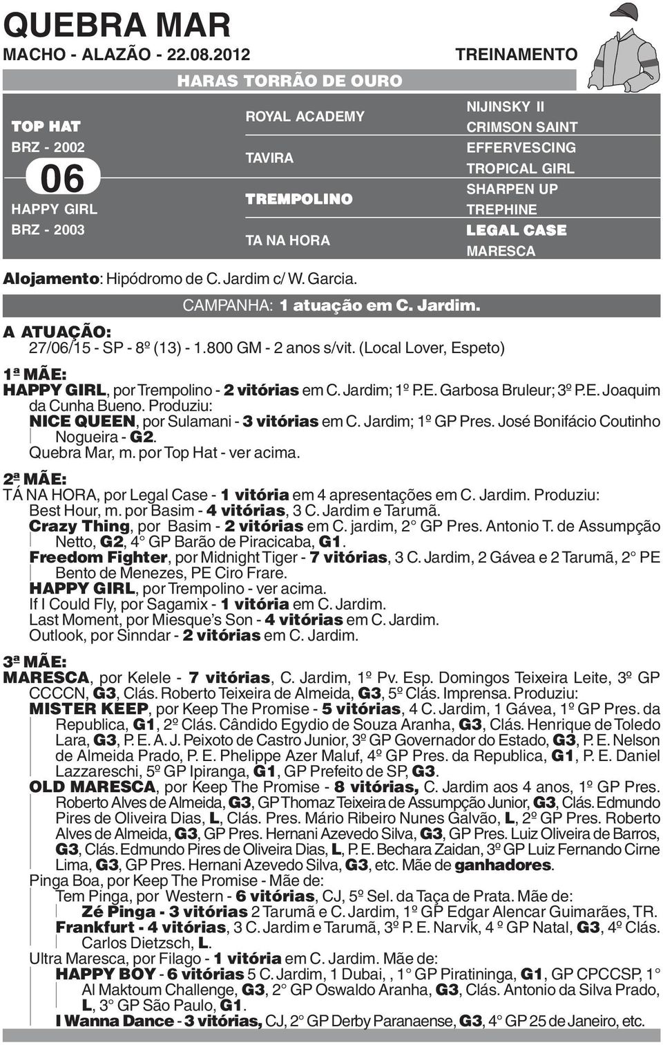 (Local Lover, Espeto) HAPPY GIRL, por Trempolino - 2 vitórias em C. Jardim; 1º P.E. Garbosa Bruleur; 3º P.E. Joaquim da Cunha Bueno. Produziu: NICE QUEEN, por Sulamani - 3 vitórias em C.