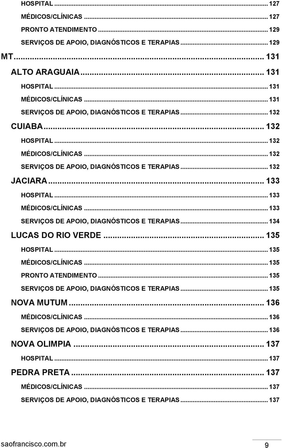 .. 133 MÉDICOS/CLÍNICAS... 133 SERVIÇOS DE APOIO, DIAGNÓSTICOS E TERAPIAS... 134 LUCAS DO RIO VERDE... 135 HOSPITAL... 135 MÉDICOS/CLÍNICAS... 135 PRONTO ATENDIMENTO.