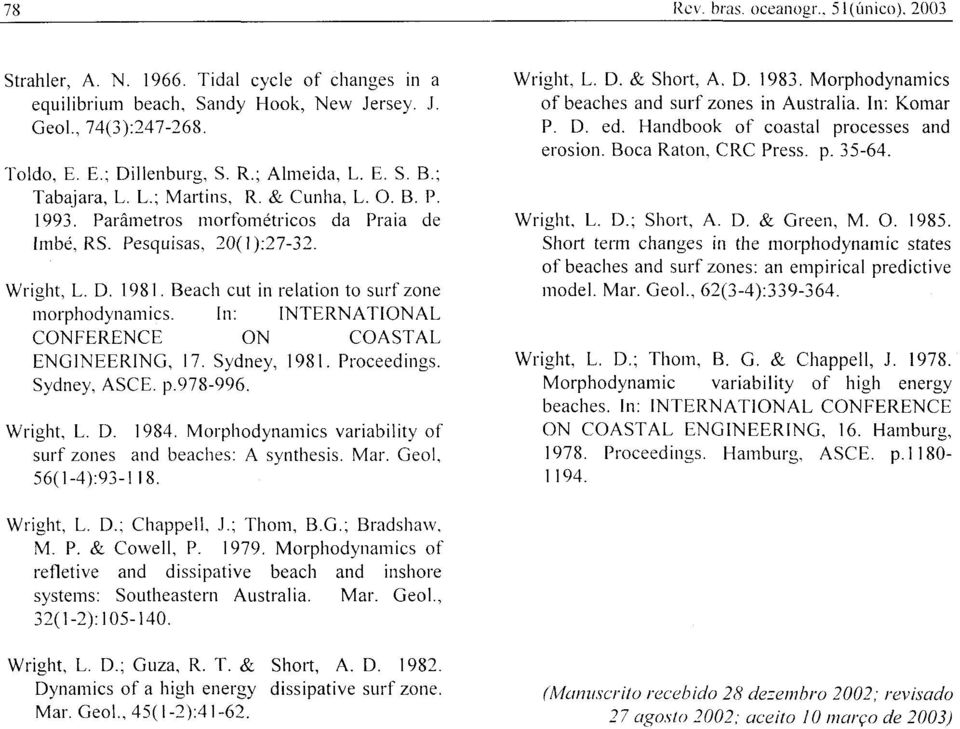 In: INTERNATIONAL CONFERENCE ON COASTAL ENGINEERING, 17. Sydney, 1981. Proceedings. Sydney, ASCE. p.978-996. Wright, L. D. 1984. Morphodynamics variability of surf zones and beaches: A synthesis. Mar.