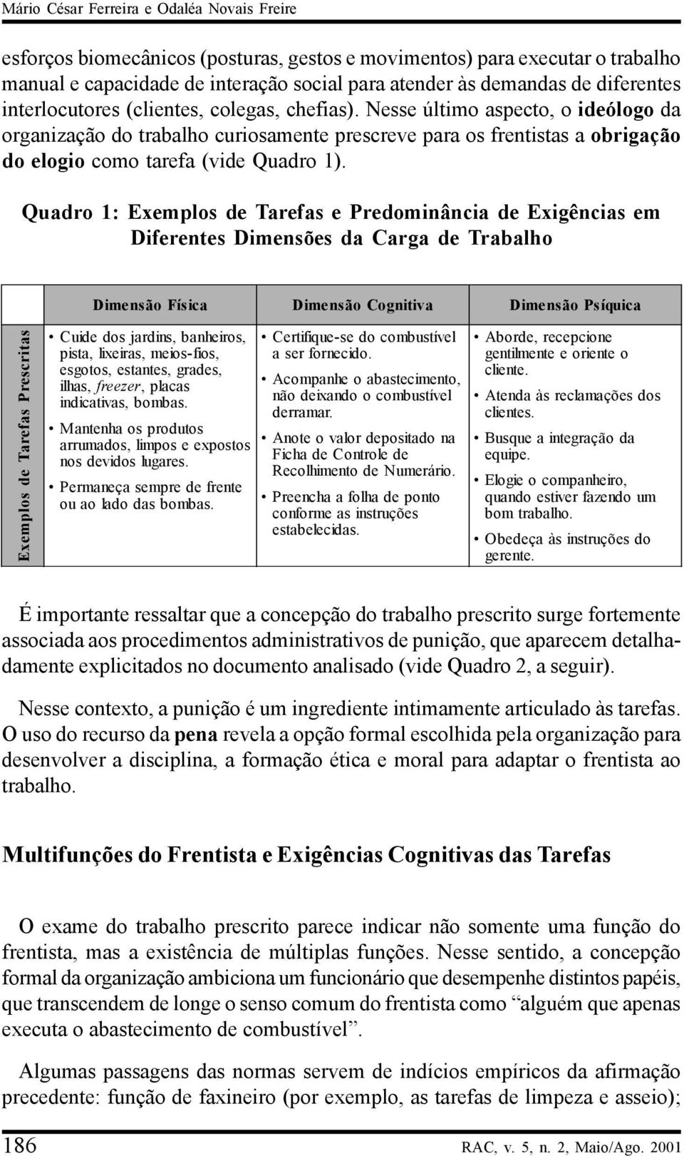 Nesse último aspecto, o ideólogo da organização do trabalho curiosamente prescreve para os frentistas a obrigação do elogio como tarefa (vide Quadro 1).