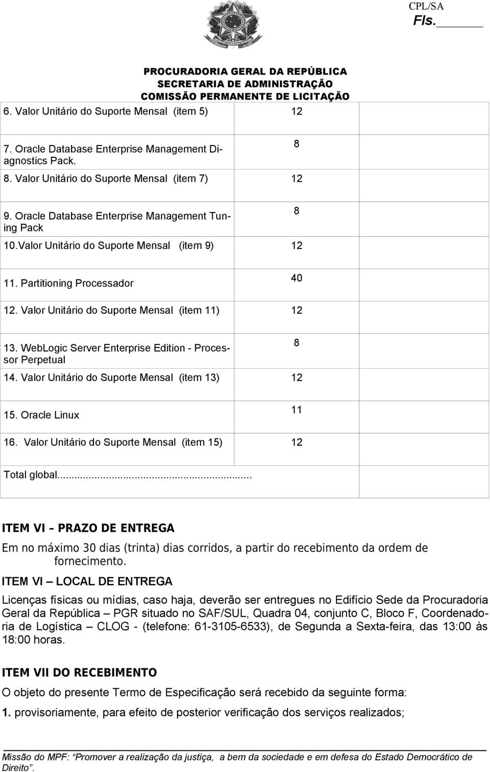 WebLogic Server Enterprise Edition - Processor Perpetual 8 14. Valor Unitário do Suporte Mensal (item 13) 12 15. Oracle Linux 11 16. Valor Unitário do Suporte Mensal (item 15) 12 Total global.