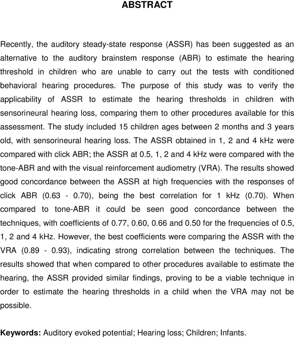 The purpose of this study was to verify the applicability of ASSR to estimate the hearing thresholds in children with sensorineural hearing loss, comparing them to other procedures available for this