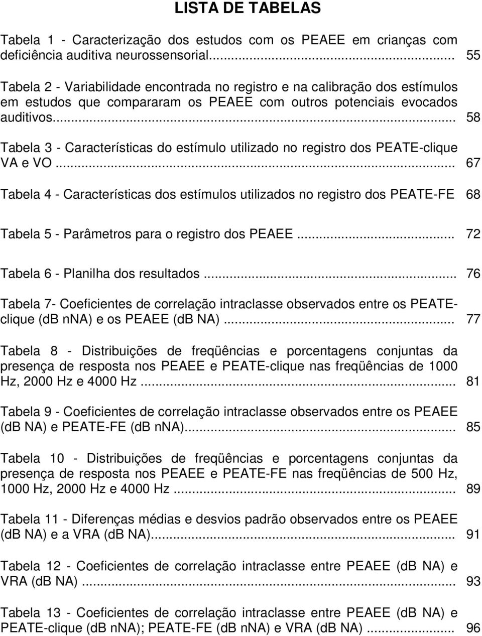 .. 58 Tabela 3 - Características do estímulo utilizado no registro dos PEATE-clique VA e VO.