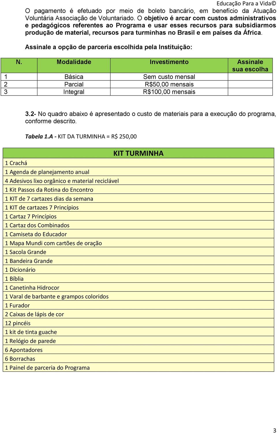 África. Assinale a opção de parceria escolhida pela Instituição: N. Modalidade Investimento Assinale sua escolha 1 Básica Sem custo mensal 2 Parcial R$50,00 mensais 3 Integral R$100,00 mensais 3.