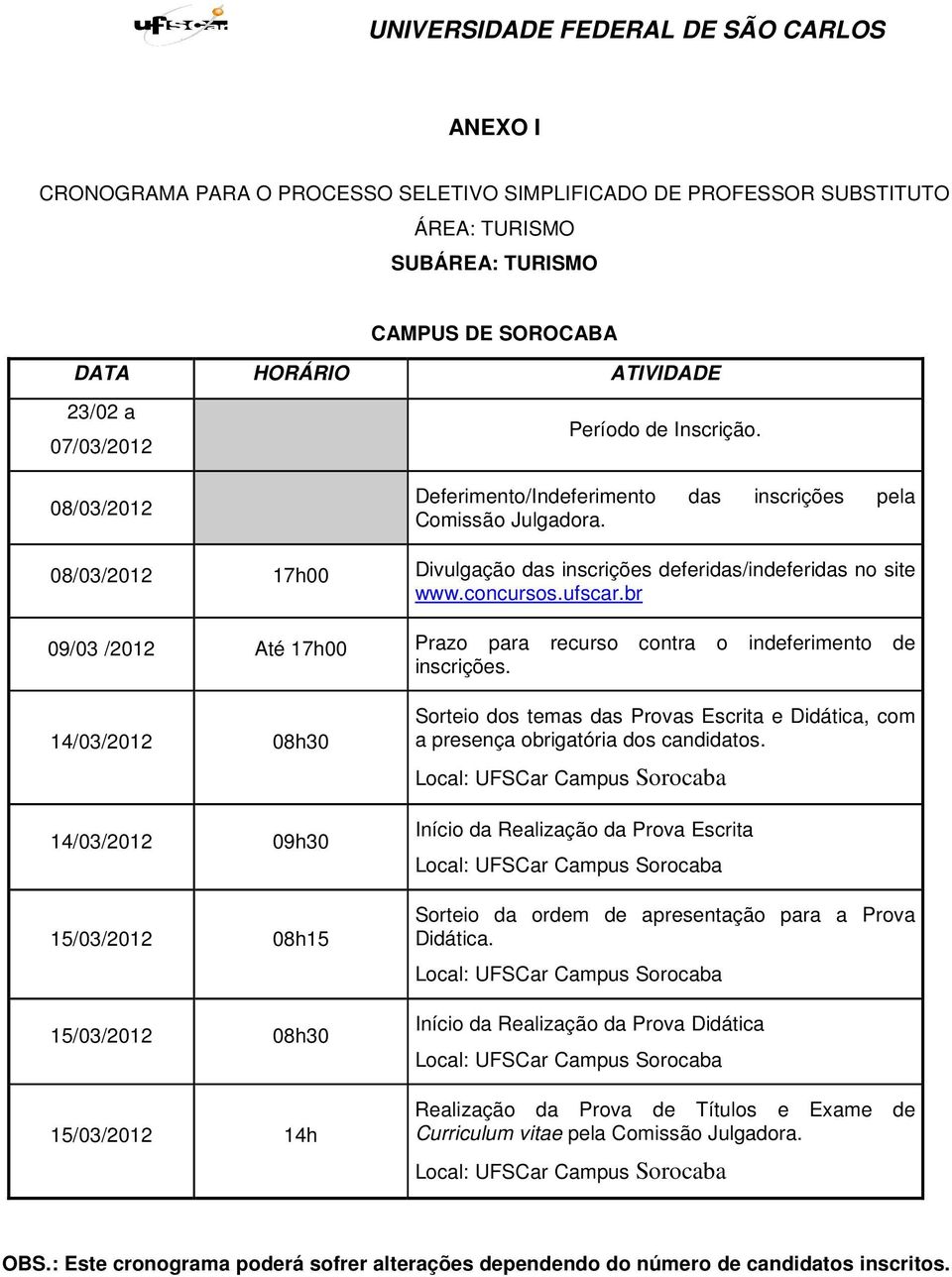 br 09/03 /2012 Até 17h00 Prazo para recurso contra o indeferimento de inscrições.