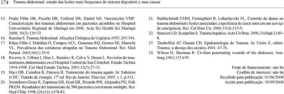 Afecções Cirúrgica de Urgência 1995; 293:304. 17. Ribas Filho J, Malafaia O, Campos ACL, Grauman RQ, Gomes SE, Marochi VL. Prevalência das estruturas atingidas no Trauma Abdominal. Rev Méd Paraná.