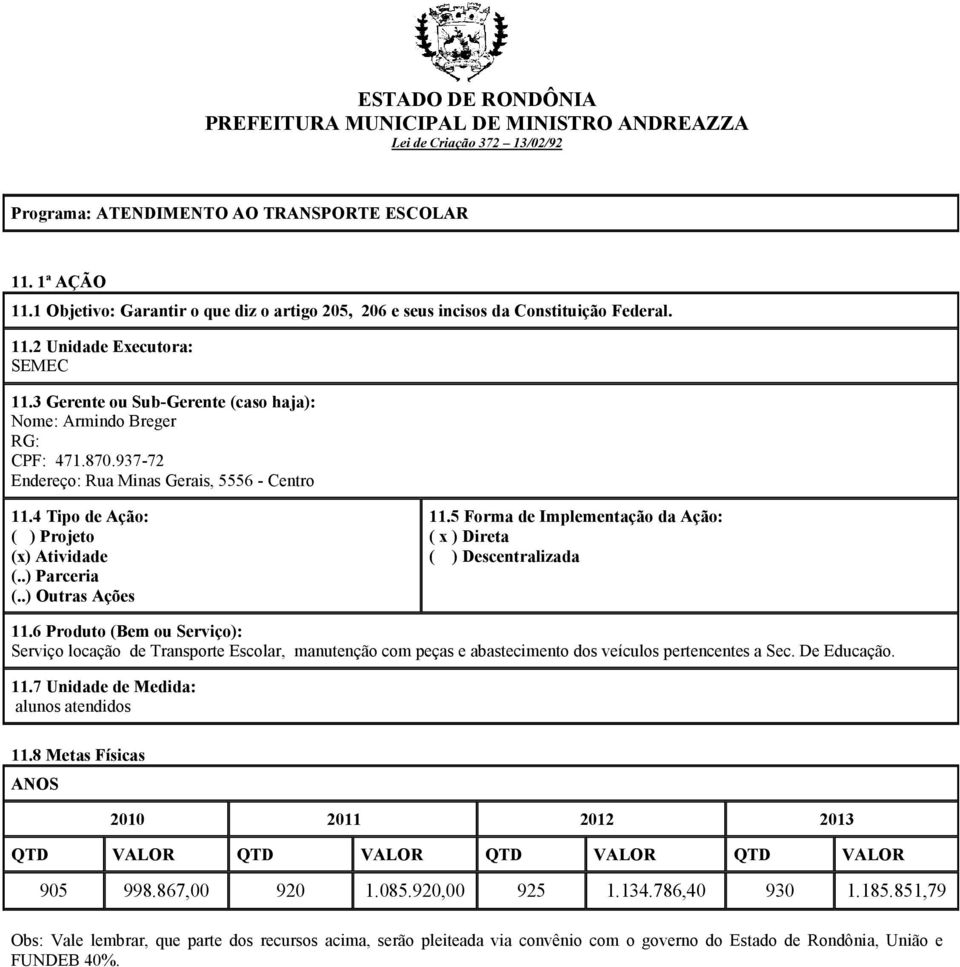 5 Form de Implementção d Ação: ( x ) Diret ( ) Descentrlizd 11.6 Produto (Bem ou Serviço): Serviço locção de Trnsporte Escolr, mnutenção com peçs e bstecimento dos veículos pertencentes Sec.