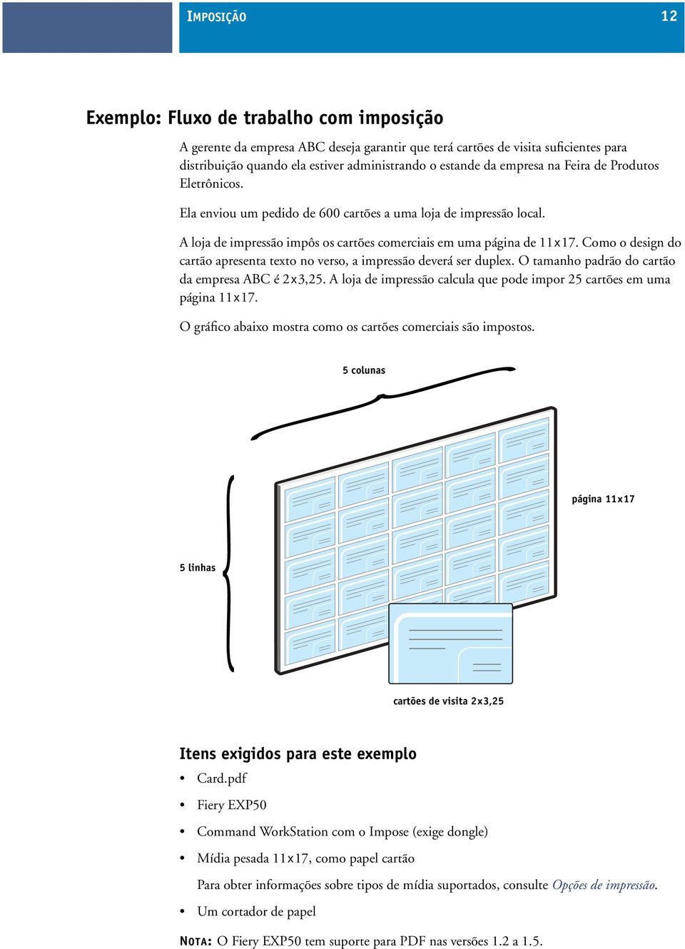 Como o design do cartão apresenta texto no verso, a impressão deverá ser duplex. O tamanho padrão do cartão da empresa ABC é 2x3,25.