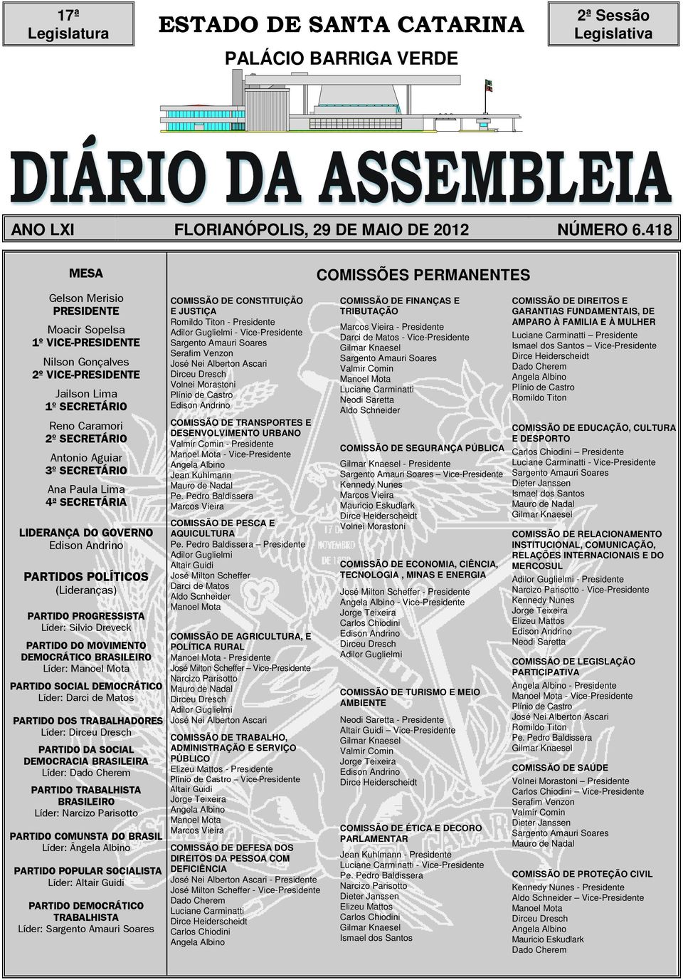 SECRETÁRIO Ana Paula Lima 4ª SECRETÁRIA LIDERANÇA DO GOVERNO Edison Andrino PARTIDOS POLÍTICOS (Lideranças) PARTIDO PROGRESSISTA Líder: Silvio Dreveck PARTIDO DO MOVIMENTO DEMOCRÁTICO BRASILEIRO