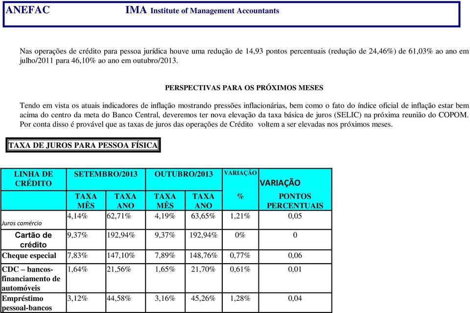 ter nova elevação da taxa básica de juros (SELIC) na próxima reunião do COPOM. Por conta disso é provável que as taxas de juros das operações de Crédito voltem a ser elevadas nos próximos meses.