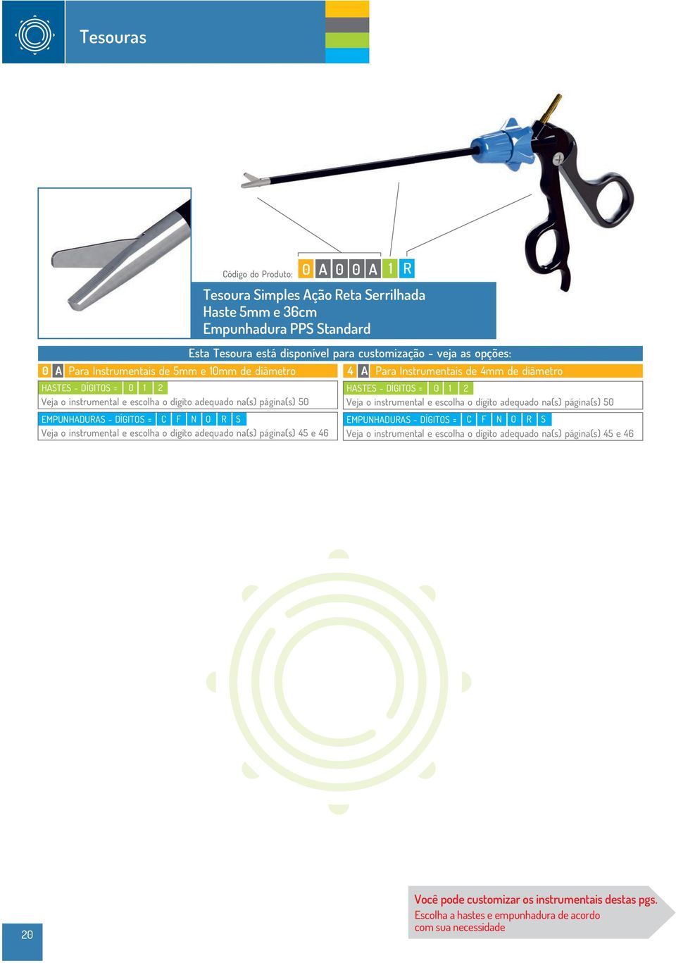 veja as opções: 4 A 0 1 2 0 1 2 Para Instrumentais de 4mm de diâmetro C F N O R S C F N O R S EMPUNHADURAS - DÍGITOS = Veja o instrumental e